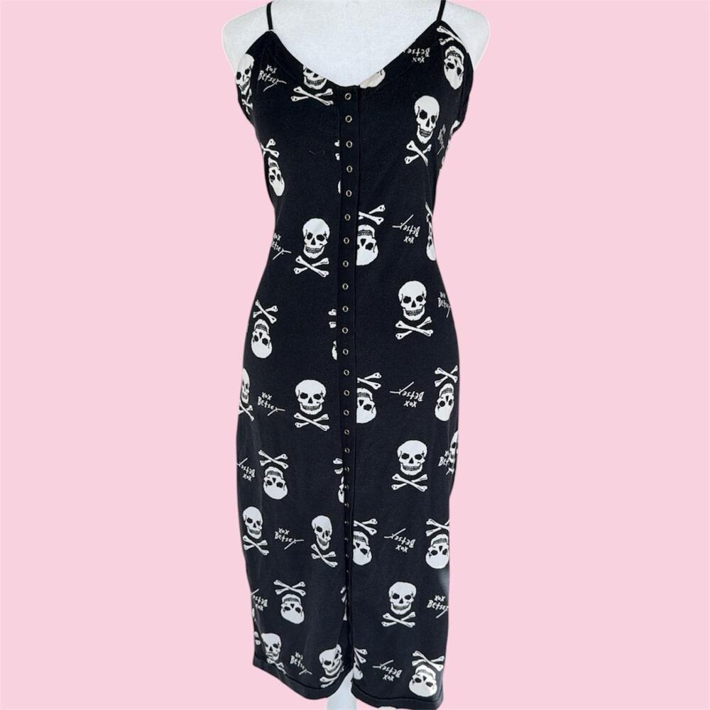 Y2K Betsey Johnson long black cotton dress with white skulls and crossbones